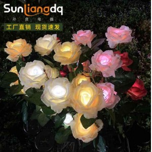跨境户外太阳能花灯玫瑰3头地插草坪灯景观