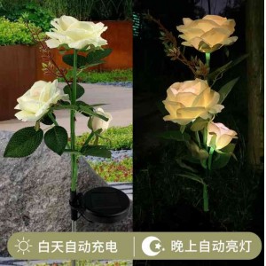 跨境户外太阳能花灯玫瑰3头地插草坪灯景观