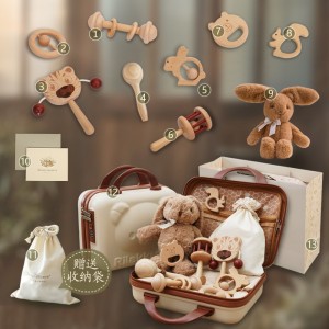 Baby 0-3 months toy Gift box Solid wood toy Set Two-color toy Bear suitcase