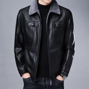 Leather fleece and thick lapel fur and fur motorcycle leather jacket coat