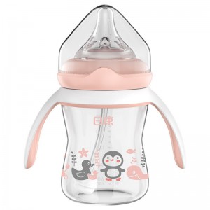 嬰兒寬口玻璃奶瓶新生兒吸管帶手柄把手奶瓶