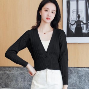 Small knitted cardigan with V-neck, long sleeve, short style, over sweater