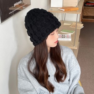 Coarse Knitted Hat Women&#039;s Loose Big Head Waist Black Bucket Hat Hot Autumn Winter Warm Korean Face Small Woolen Hat