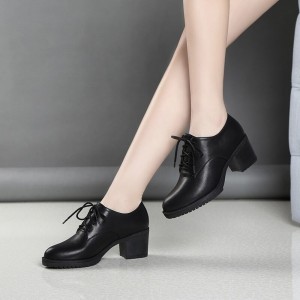 Medium Heel Lace up Small Leather Shoes Thick Heel Black Work Shoes