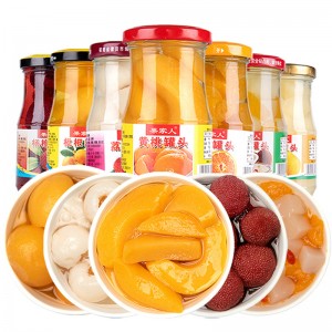 Canned fruit mixed with canned yellow peach in syrup canned lychee, loquat and orange