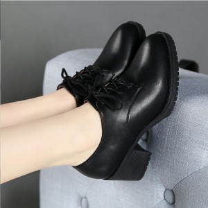 Medium Heel Lace up Small Leather Shoes Thick Heel Black Work Shoes