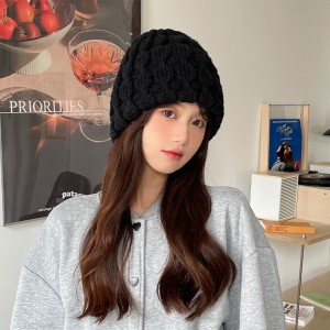 Coarse Knitted Hat Women&#039;s Loose Big Head Waist Black Bucket Hat Hot Autumn Winter Warm Korean Face Small Woolen Hat