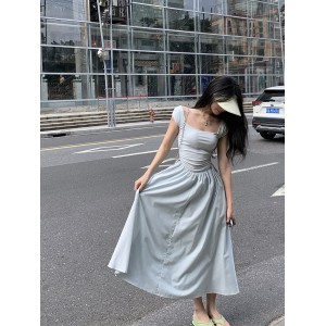 Summer Small Style Design Square Neck Short Sleeve Dress New Drawstring Korean Medium Length Dress