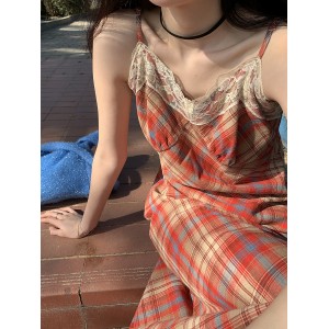 Длинная юбка, весенне-летнее кружевное V-образный вырез, облегающее тело, завышенная талия, перерыв на чай, французское клетчатое платье-комбинация дл