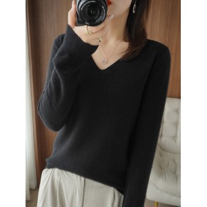 Spring and Autumn Thin Cashmere Sweater Women&#039;s V-neck Short Pullover Sweater Solid Color Long Sleeve Knitted Underlay