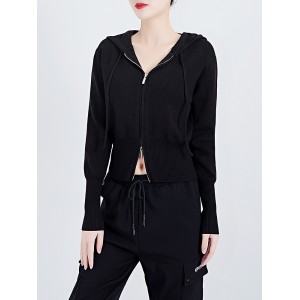 Hooded Double Zip Cardigan Knitted Top Women&#039;s Bat Sleeve Short Slim Fit Knitted Shirt Outer Sweater