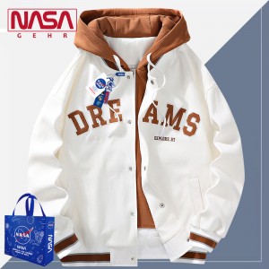 NASA聯名假兩件春秋款夾克男外套情侶2023休閒百搭連帽大碼棒球服