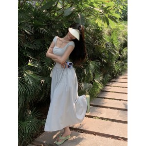 夏季小眾氣質設計方領短袖連衣裙新款抽繩韓版中長款裙子