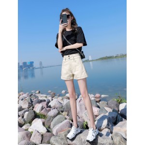 Apricot Denim Shorts Women&#039;s High Waist 2023 New Summer Korean Version Slim Casual A-line White Wide Leg Shorts Hot