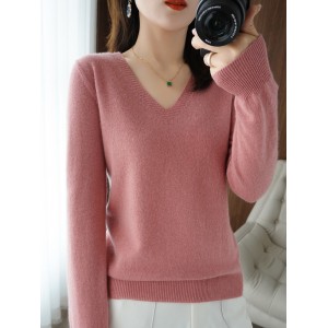 Spring and Autumn Thin Cashmere Sweater Women&#039;s V-neck Short Pullover Sweater Solid Color Long Sleeve Knitted Underlay