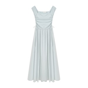 Summer Small Style Design Square Neck Short Sleeve Dress New Drawstring Korean Medium Length Dress