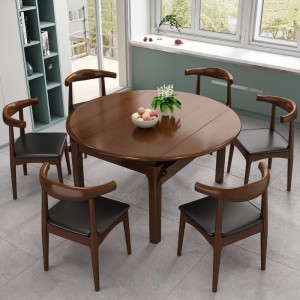 北欧跳台橡胶木餐桌椅组合 简约现代跳台可折叠圆饭桌 小户型家具