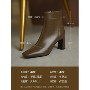 Beige Thick Heel Short Boots Women&#039;s Spring and Autumn Single Boots French High Heel Martin Small Square Head Sheepskin White Boots