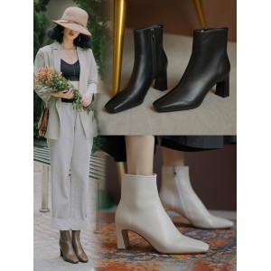 Beige Thick Heel Short Boots Women&#039;s Spring and Autumn Single Boots French High Heel Martin Small Square Head Sheepskin White Boots