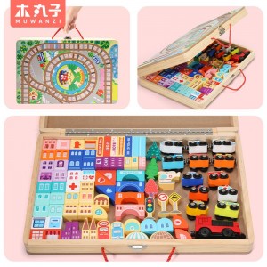 Wooden railcar magnetic electric small train street view building block assembly package children&#039;s puzzle